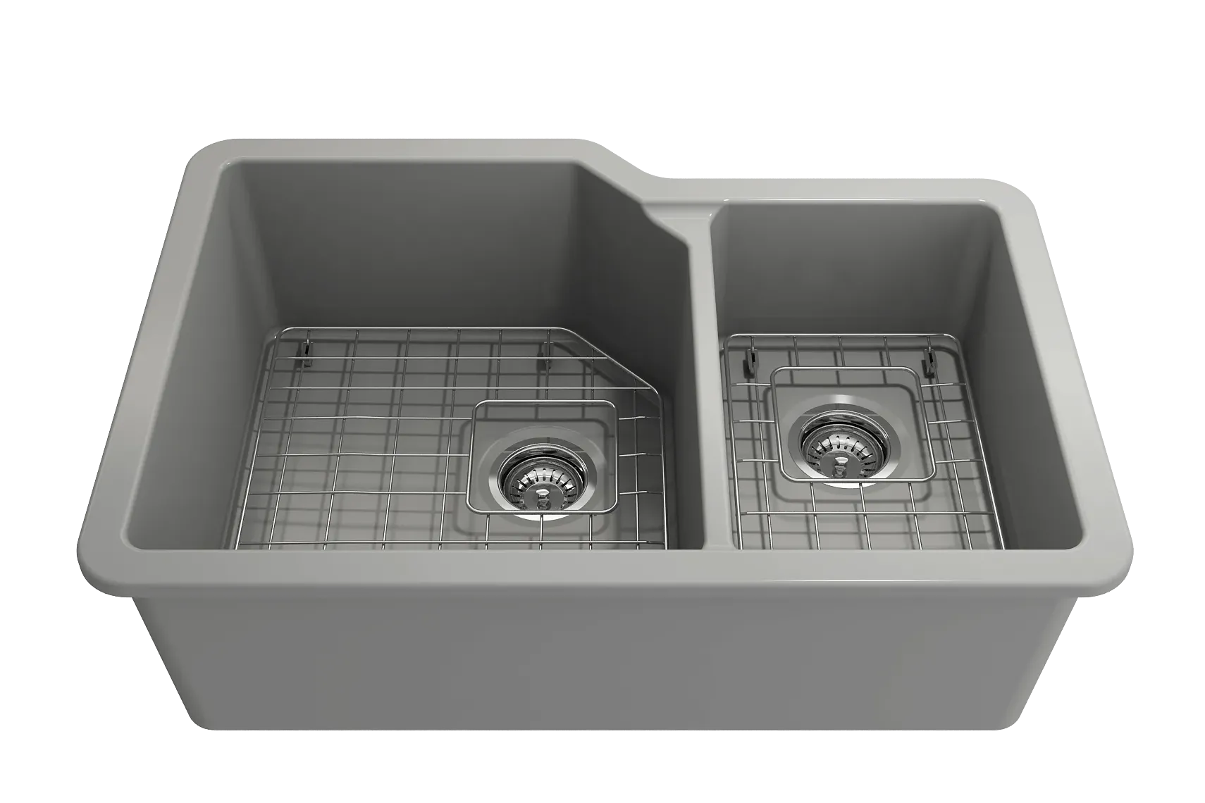 BOCCHI Sotto 33" Dual Mount Fireclay Kitchen Sink with Accessories, 60/40 Double Bowl, Matte Gray, 1506-006-0120