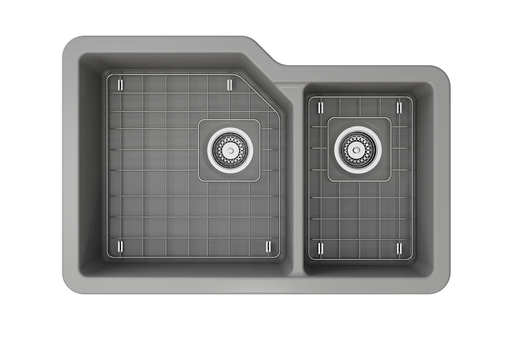 BOCCHI Sotto 33" Dual Mount Fireclay Kitchen Sink with Accessories, 60/40 Double Bowl, Matte Gray, 1506-006-0120
