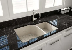 BOCCHI Sotto 33" Dual Mount Fireclay Kitchen Sink with Accessories, 60/40 Double Bowl, Biscuit, 1506-014-0120