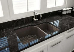 BOCCHI Sotto 33" Dual Mount Fireclay Kitchen Sink with Accessories, 60/40 Double Bowl, Matte Brown, 1506-025-0120