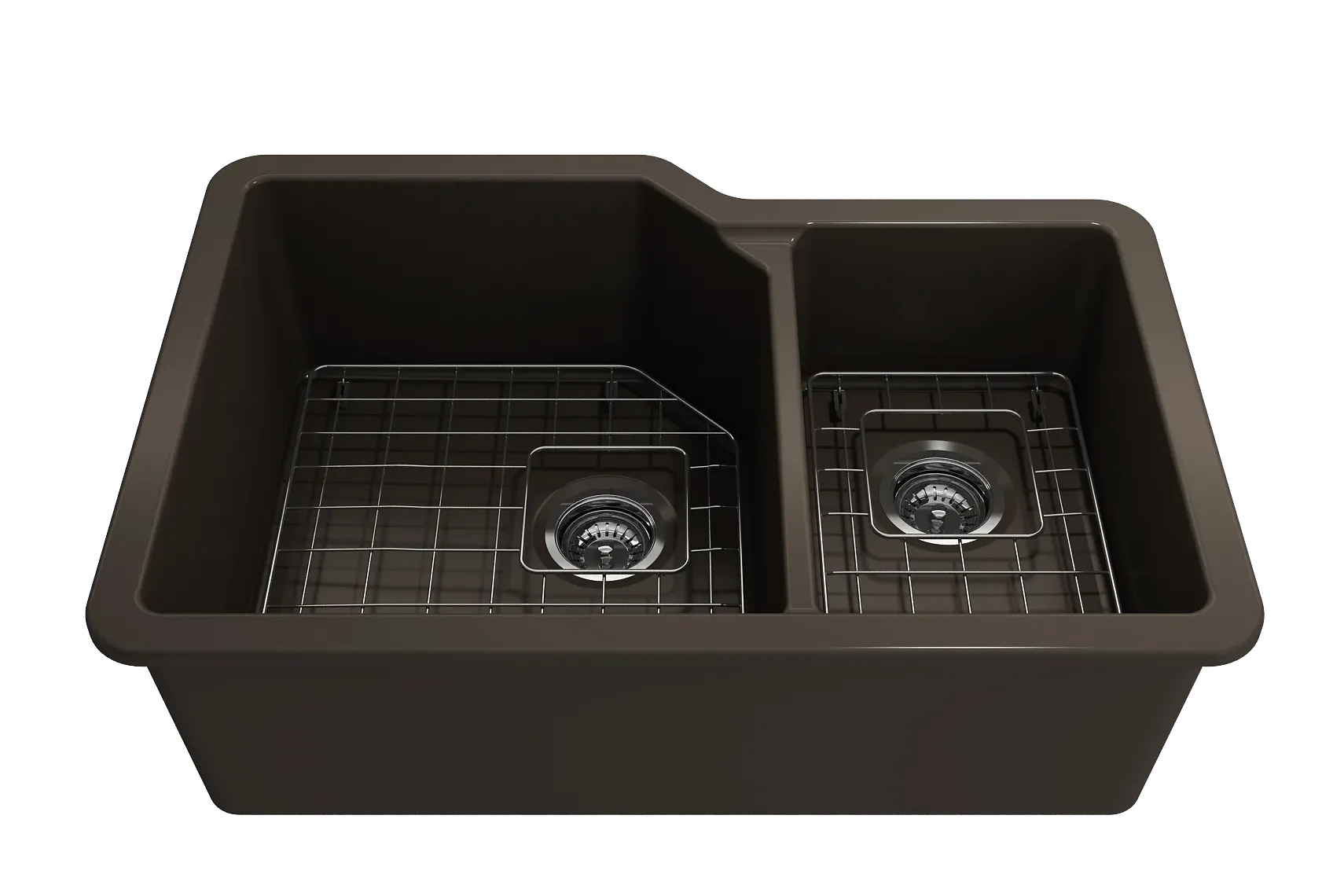 BOCCHI Sotto 33" Dual Mount Fireclay Kitchen Sink with Accessories, 60/40 Double Bowl, Matte Brown, 1506-025-0120