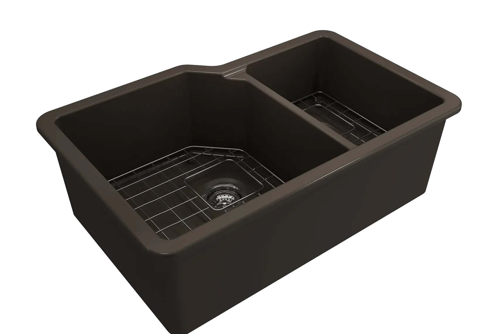 BOCCHI Sotto 33" Dual Mount Fireclay Kitchen Sink with Accessories, 60/40 Double Bowl, Matte Brown, 1506-025-0120