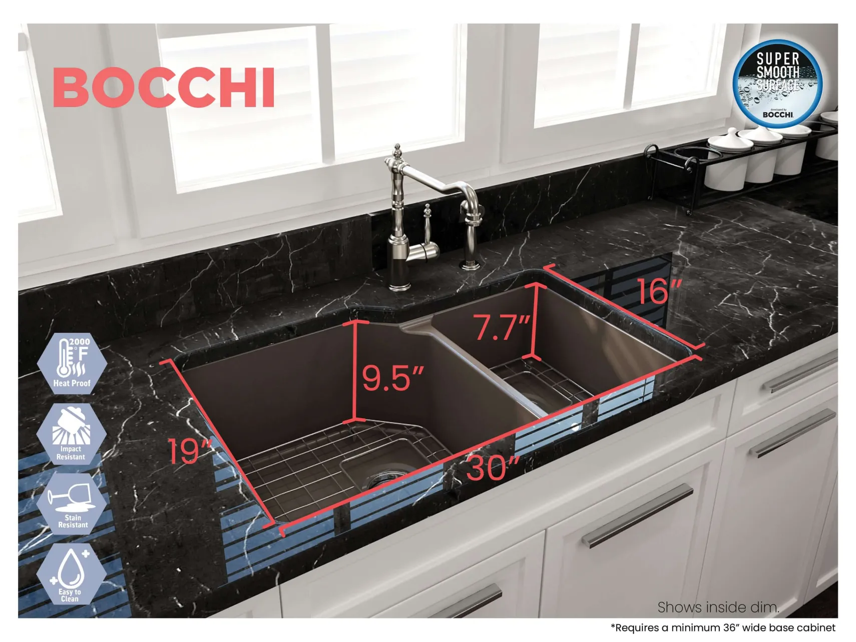 BOCCHI Sotto 33" Dual Mount Fireclay Kitchen Sink with Accessories, 60/40 Double Bowl, Matte Brown, 1506-025-0120