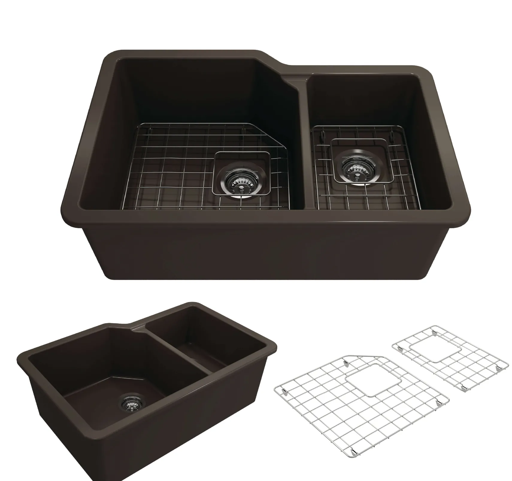 BOCCHI Sotto 33" Dual Mount Fireclay Kitchen Sink with Accessories, 60/40 Double Bowl, Matte Brown, 1506-025-0120