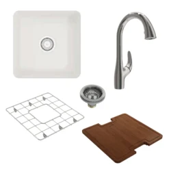 BOCCHI Sotto 18" Fireclay Bar/Prep Sink Kit with Faucet and Accessories, White (sink) / Stainless Steel (faucet), 1359-001-2024SS