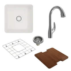 BOCCHI Sotto 18" Fireclay Bar/Prep Sink Kit with Faucet and Accessories, White (sink) / Chrome (faucet), 1359-001-2024CH