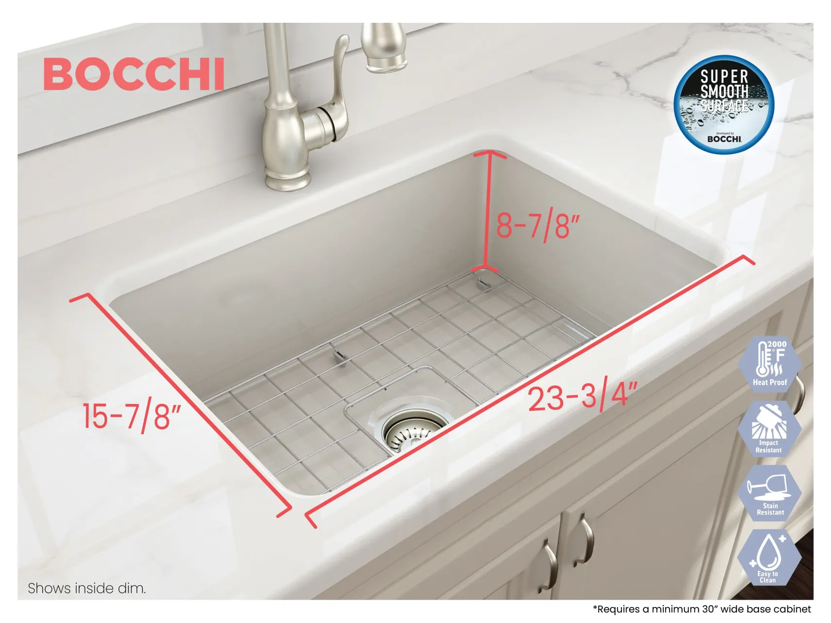 BOCCHI Sotto 27" Fireclay Dual Mount Single Bowl Kitchen Sink, Biscuit, 1360-014-0120