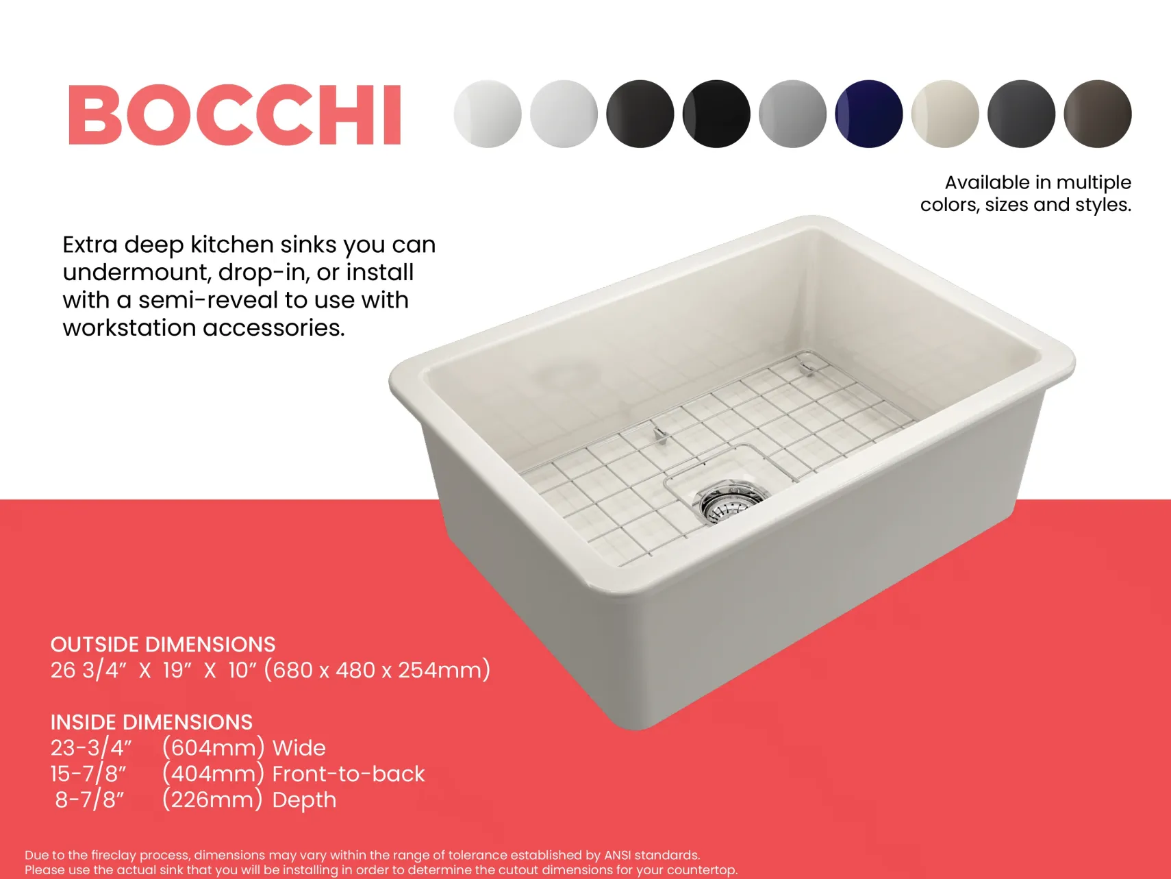 BOCCHI Sotto 27" Fireclay Dual Mount Single Bowl Kitchen Sink, Biscuit, 1360-014-0120