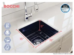 BOCCHI Sotto 18" Fireclay Undermount Single Bowl Bar Sink with Protective Bottom Grid and Strainer, Sapphire Blue, 1359-010-0120