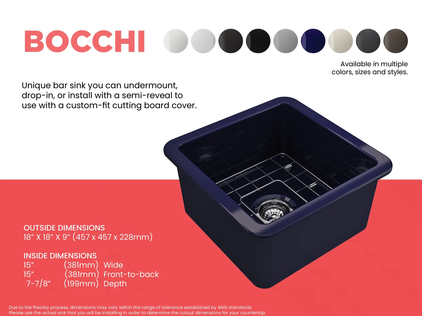 BOCCHI Sotto 18" Fireclay Undermount Single Bowl Bar Sink with Protective Bottom Grid and Strainer, Sapphire Blue, 1359-010-0120