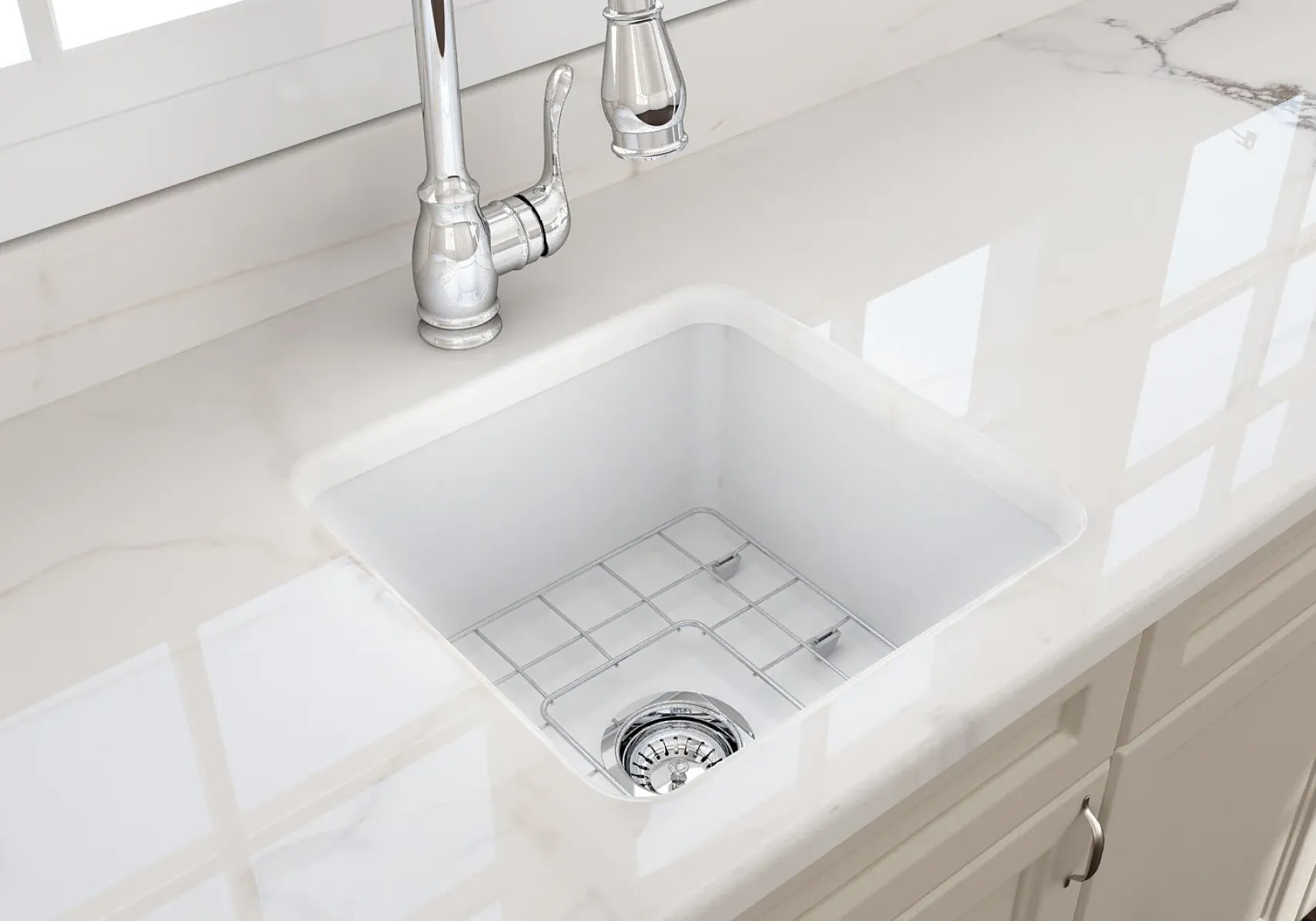 BOCCHI Sotto 18" Fireclay Undermount Single Bowl Bar Sink with Protective Bottom Grid and Strainer, Matte White, 1359-002-0120