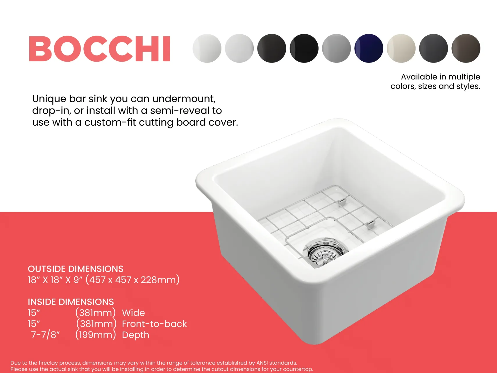BOCCHI Sotto 18" Fireclay Undermount Single Bowl Bar Sink with Protective Bottom Grid and Strainer, Matte White, 1359-002-0120
