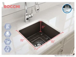 BOCCHI Sotto 18" Fireclay Undermount Single Bowl Bar Sink with Protective Bottom Grid and Strainer, Matte Brown, 1359-025-0120