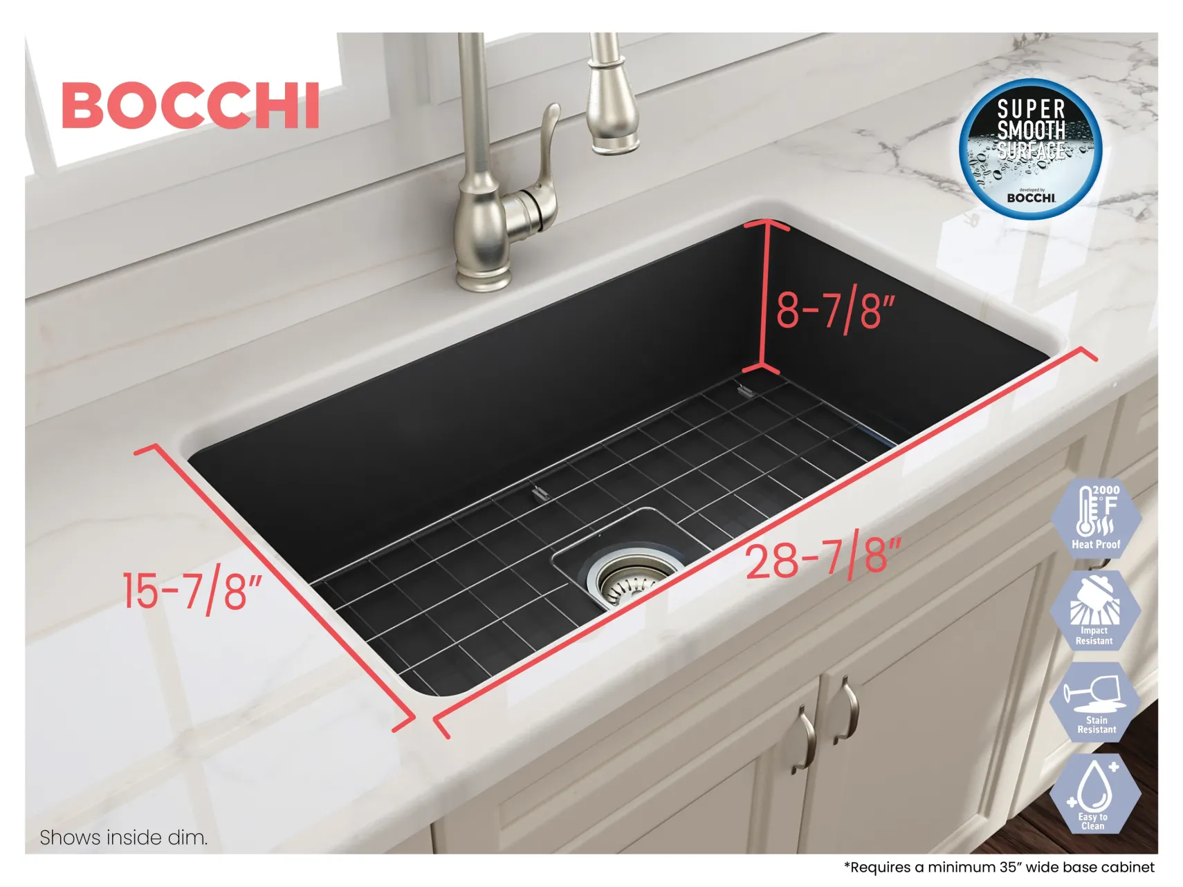 BOCCHI Sotto 32" Fireclay Undermount Single Bowl Kitchen Sink, Matte Dark Gray, 1362-020-0120