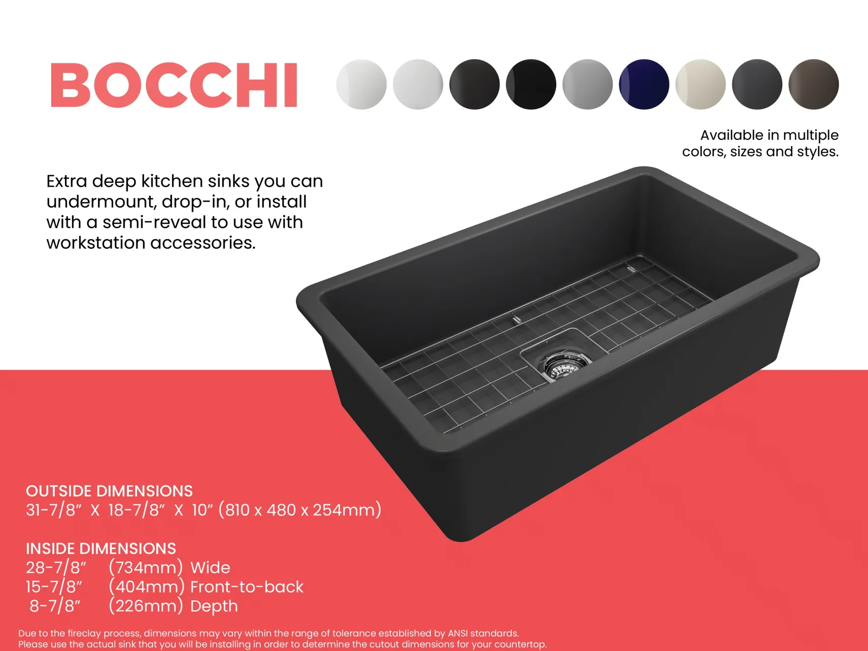 BOCCHI Sotto 32" Fireclay Undermount Single Bowl Kitchen Sink, Matte Dark Gray, 1362-020-0120