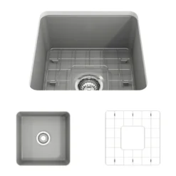 BOCCHI Sotto 18" Fireclay Undermount Single Bowl Bar Sink with Protective Bottom Grid and Strainer, Matte Gray, 1359-006-0120