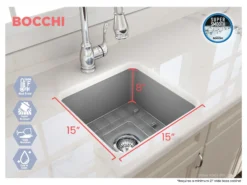 BOCCHI Sotto 18" Fireclay Undermount Single Bowl Bar Sink with Protective Bottom Grid and Strainer, Matte Gray, 1359-006-0120