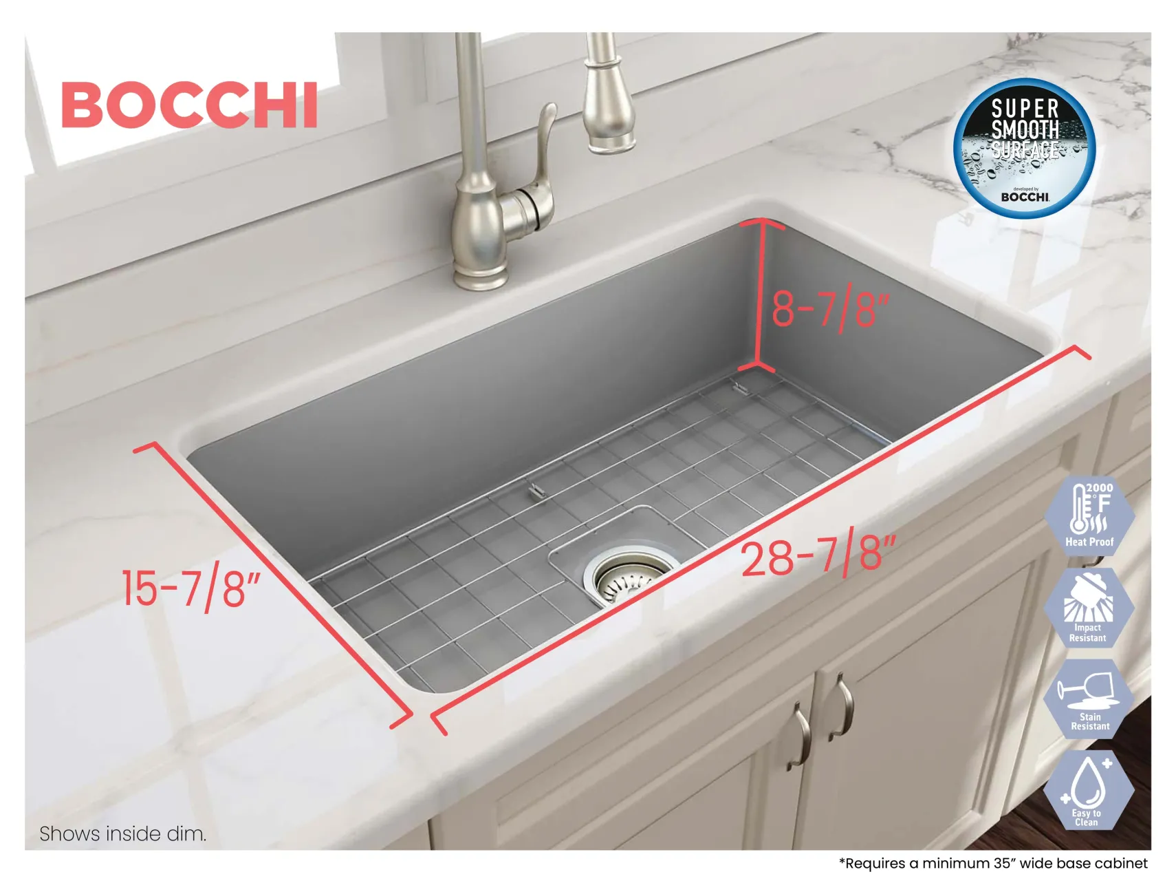 BOCCHI Sotto 32" Fireclay Undermount Single Bowl Kitchen Sink, Matte Gray, 1362-006-0120