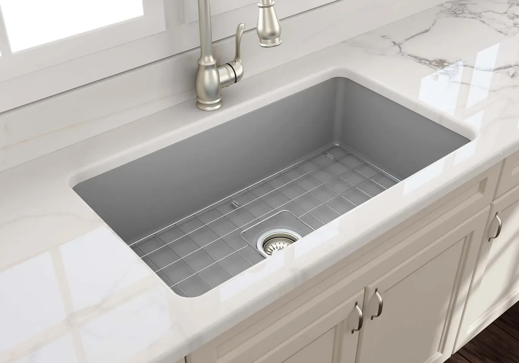 BOCCHI Sotto 32" Fireclay Undermount Single Bowl Kitchen Sink, Matte Gray, 1362-006-0120
