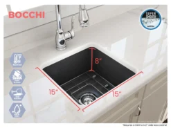 BOCCHI Sotto 18" Fireclay Undermount Single Bowl Bar Sink with Protective Bottom Grid and Strainer, Matte Dark Gray, 1359-020-0120
