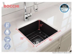 BOCCHI Sotto 18" Fireclay Undermount Single Bowl Bar Sink with Protective Bottom Grid and Strainer, Matte Black, 1359-004-0120
