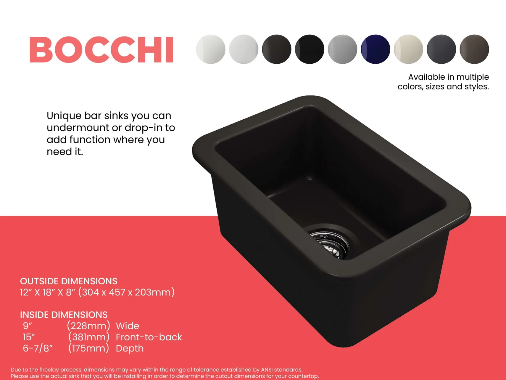 BOCCHI Sotto 12" Fireclay Undermount Single Bowl Bar Sink with Strainer, Matte Black, 1358-004-0120