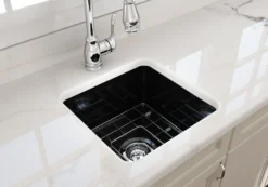BOCCHI Sotto 18" Fireclay Undermount Single Bowl Bar Sink with Protective Bottom Grid and Strainer, Black, 1359-005-0120