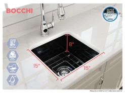 BOCCHI Sotto 18" Fireclay Undermount Single Bowl Bar Sink with Protective Bottom Grid and Strainer, Black, 1359-005-0120