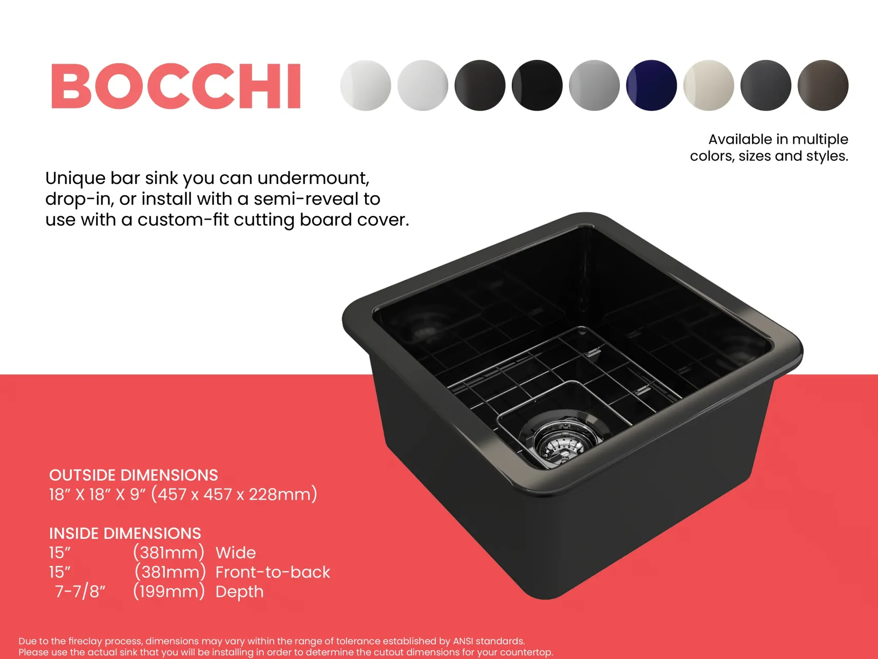 BOCCHI Sotto 18" Fireclay Undermount Single Bowl Bar Sink with Protective Bottom Grid and Strainer, Black, 1359-005-0120