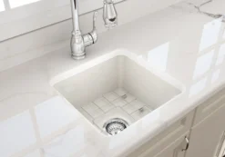 BOCCHI Sotto 18" Fireclay Undermount Single Bowl Bar Sink with Protective Bottom Grid and Strainer, Biscuit, 1359-014-0120