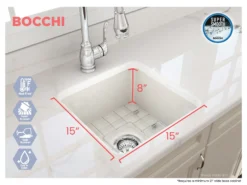 BOCCHI Sotto 18" Fireclay Undermount Single Bowl Bar Sink with Protective Bottom Grid and Strainer, Biscuit, 1359-014-0120