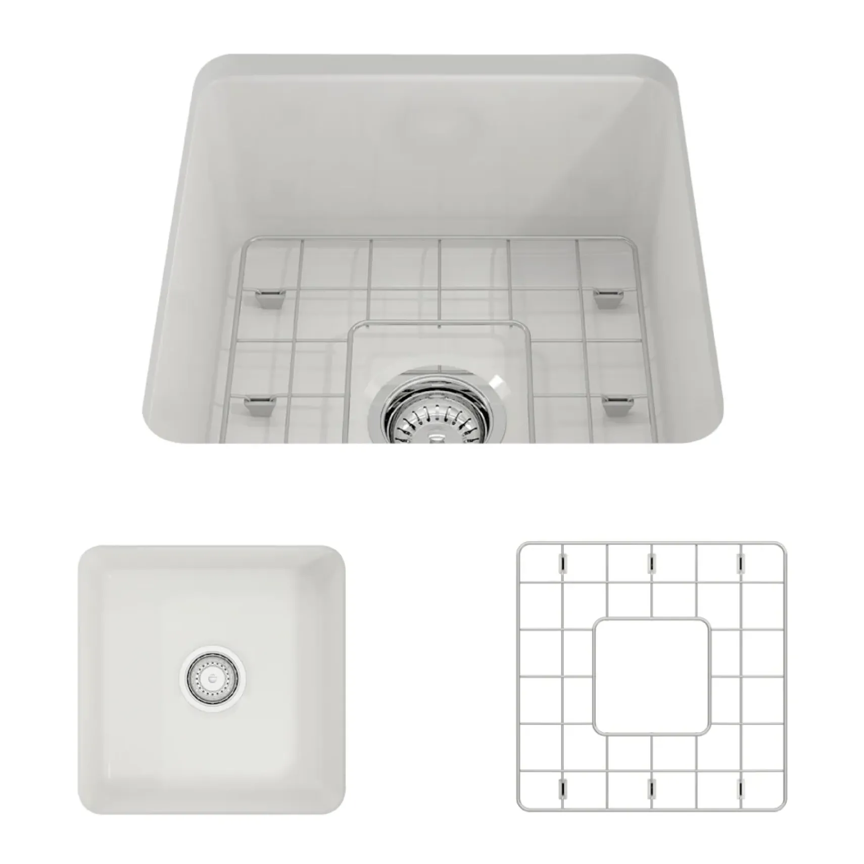 BOCCHI Sotto 18" Fireclay Undermount Single Bowl Bar Sink with Protective Bottom Grid and Strainer, White, 1359-001-0120