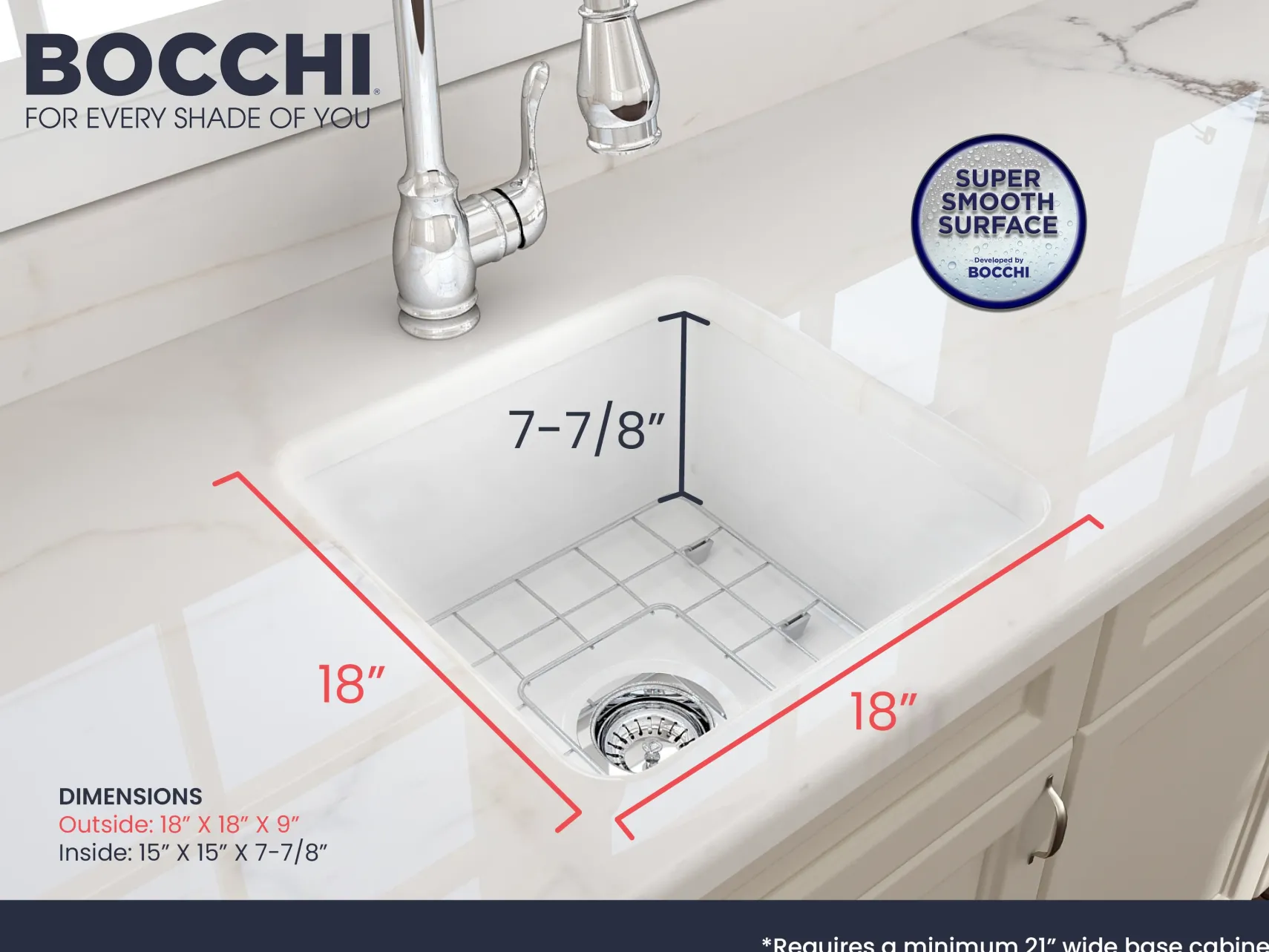 BOCCHI Sotto 18" Fireclay Undermount Single Bowl Bar Sink with Protective Bottom Grid and Strainer, White, 1359-001-0120