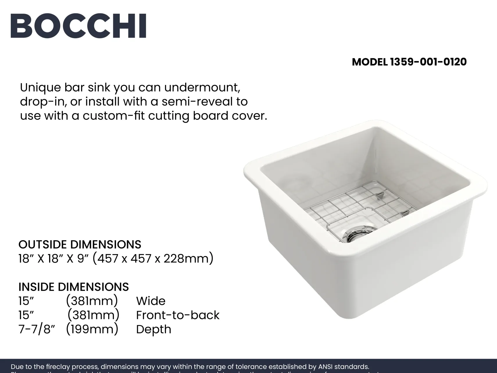 BOCCHI Sotto 18" Fireclay Undermount Single Bowl Bar Sink with Protective Bottom Grid and Strainer, White, 1359-001-0120