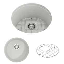 BOCCHI Sotto 18.5" Round Fireclay Undermount Single Bowl Bar Sink with Protective Bottom Grid and Strainer, Matte White, 1361-002-0120