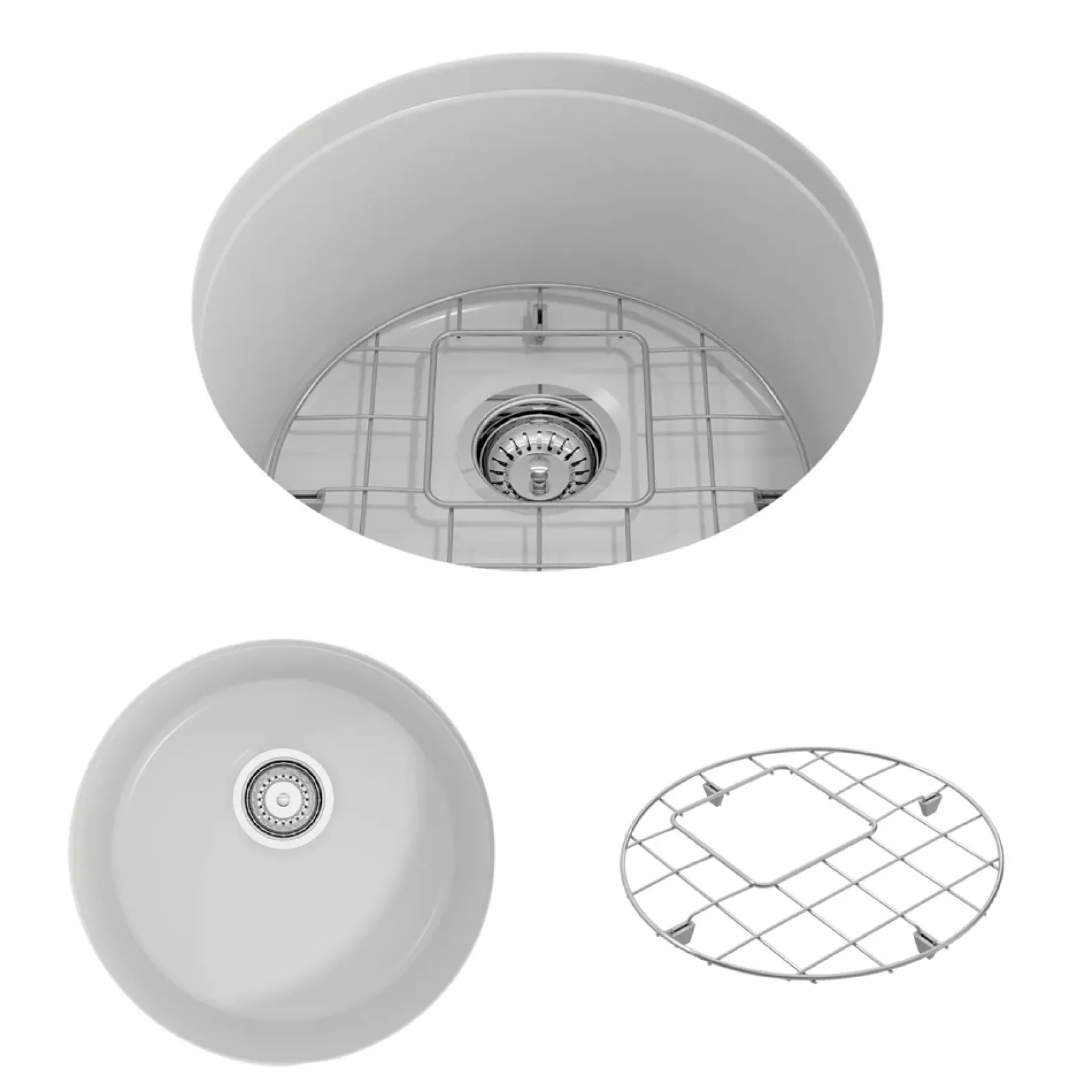 BOCCHI Sotto 18.5" Round Fireclay Undermount Single Bowl Bar Sink with Protective Bottom Grid and Strainer, Matte White, 1361-002-0120