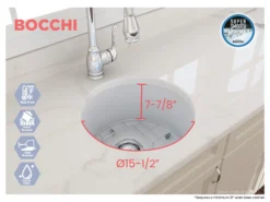 BOCCHI Sotto 18.5" Round Fireclay Undermount Single Bowl Bar Sink with Protective Bottom Grid and Strainer, Matte White, 1361-002-0120