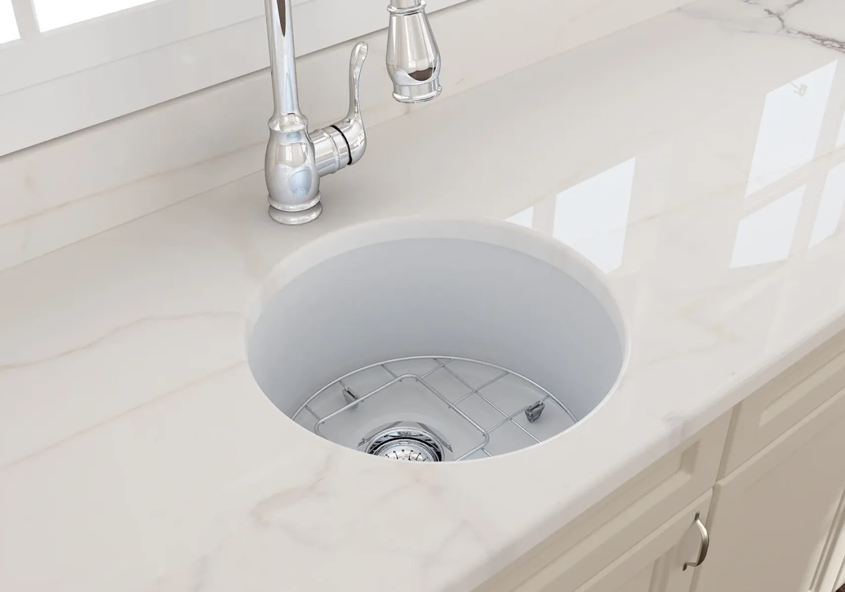 BOCCHI Sotto 18.5" Round Fireclay Undermount Single Bowl Bar Sink with Protective Bottom Grid and Strainer, Matte White, 1361-002-0120