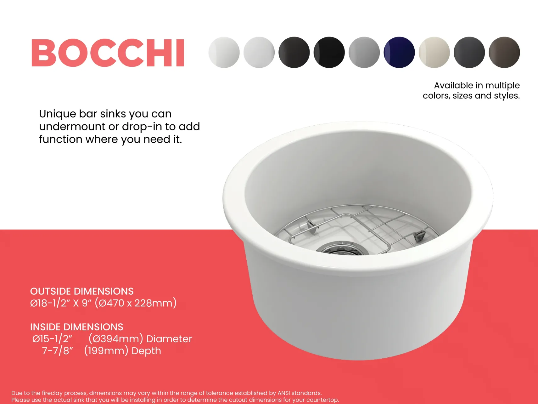 BOCCHI Sotto 18.5" Round Fireclay Undermount Single Bowl Bar Sink with Protective Bottom Grid and Strainer, Matte White, 1361-002-0120