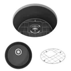 BOCCHI Sotto 18.5" Round Fireclay Undermount Single Bowl Bar Sink with Protective Bottom Grid and Strainer, Matte Dark Gray, 1361-020-0120