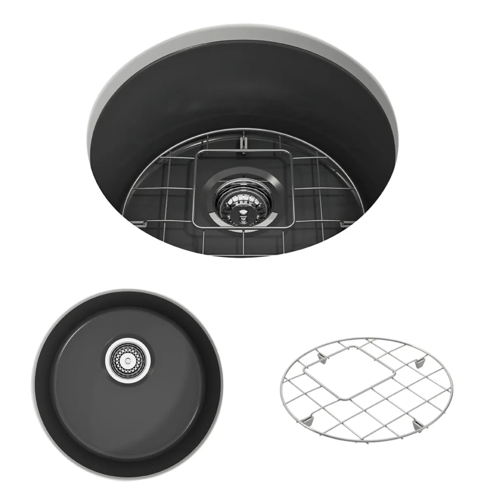 BOCCHI Sotto 18.5" Round Fireclay Undermount Single Bowl Bar Sink with Protective Bottom Grid and Strainer, Matte Dark Gray, 1361-020-0120