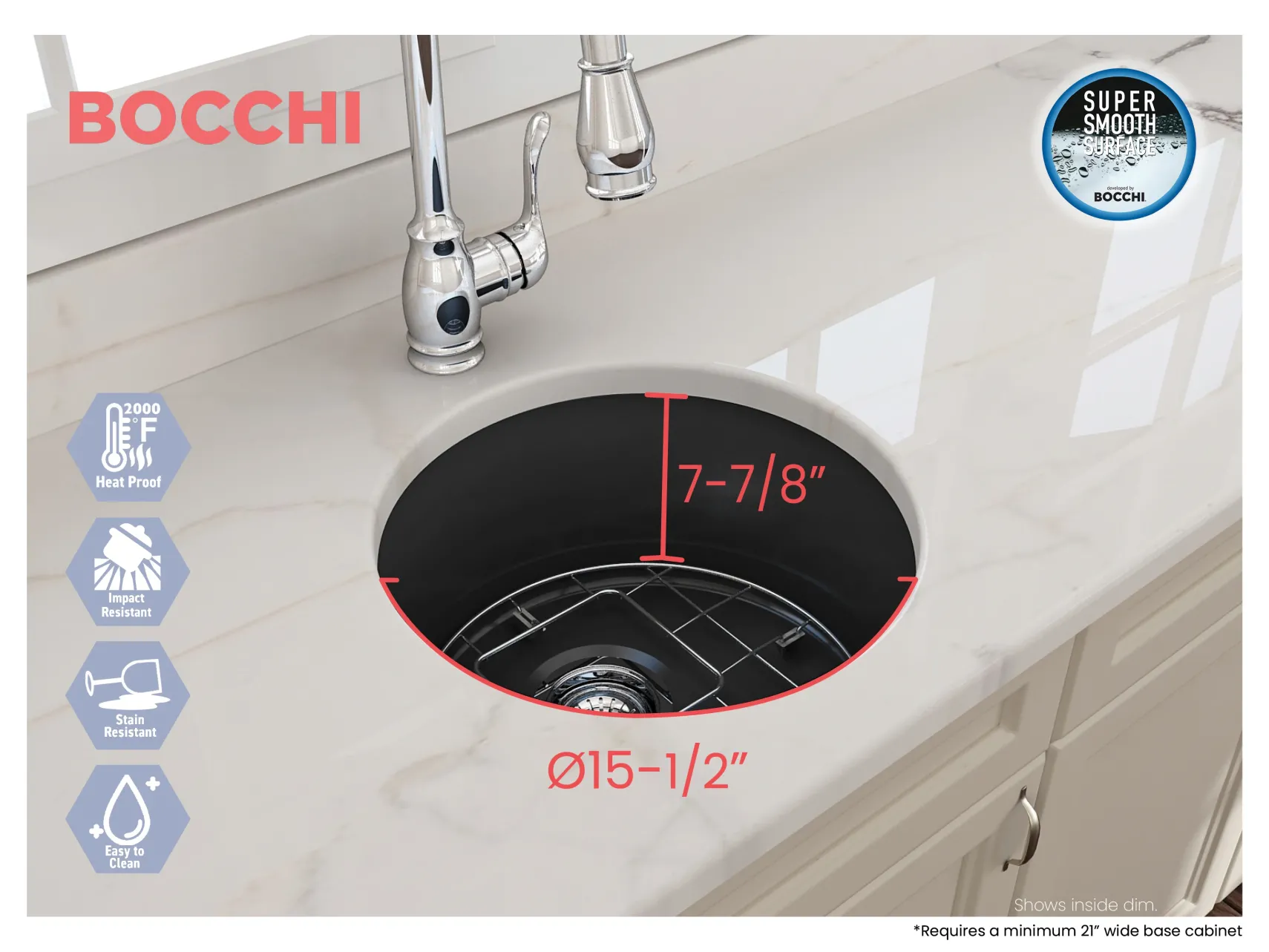 BOCCHI Sotto 18.5" Round Fireclay Undermount Single Bowl Bar Sink with Protective Bottom Grid and Strainer, Matte Dark Gray, 1361-020-0120
