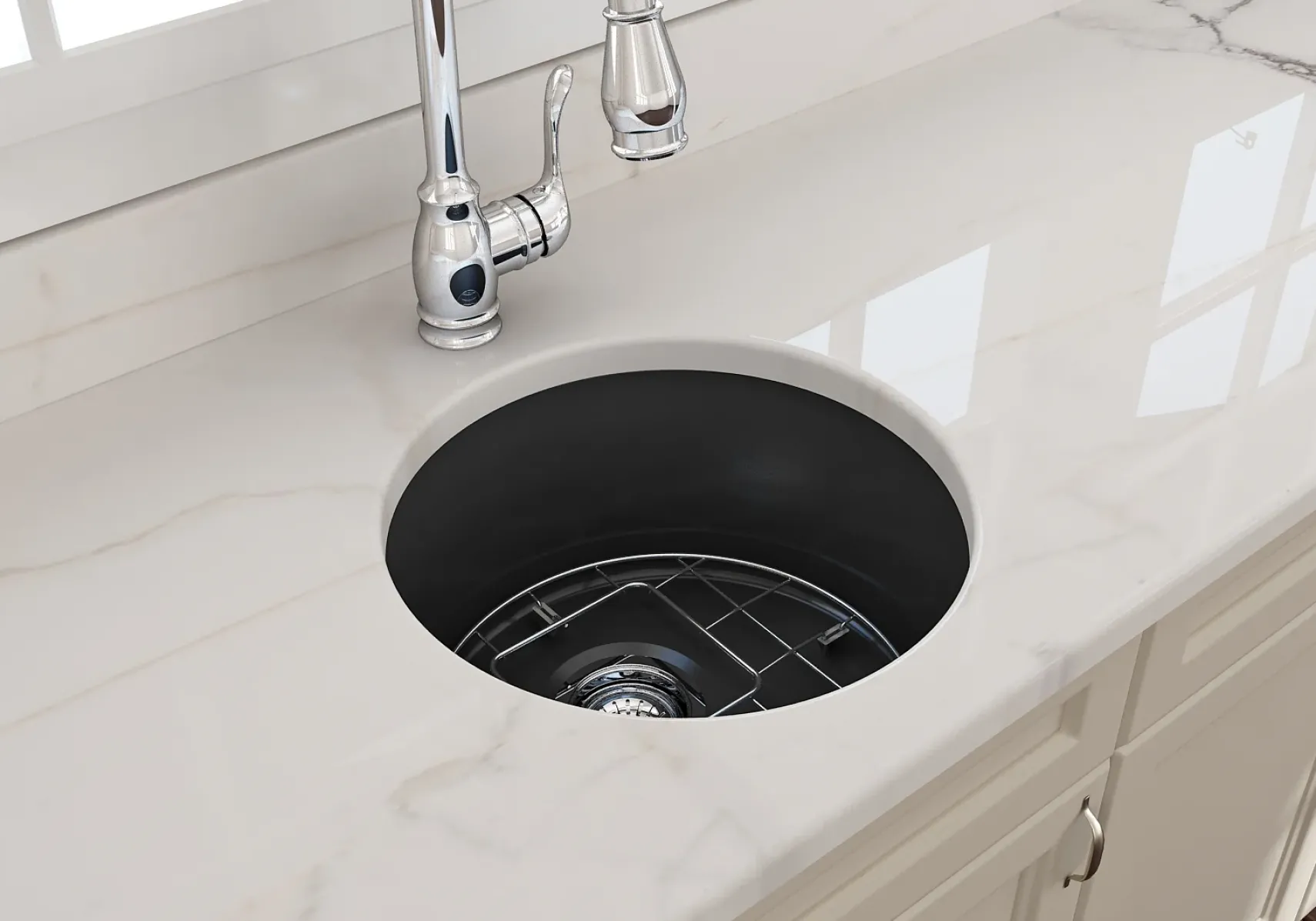BOCCHI Sotto 18.5" Round Fireclay Undermount Single Bowl Bar Sink with Protective Bottom Grid and Strainer, Matte Dark Gray, 1361-020-0120