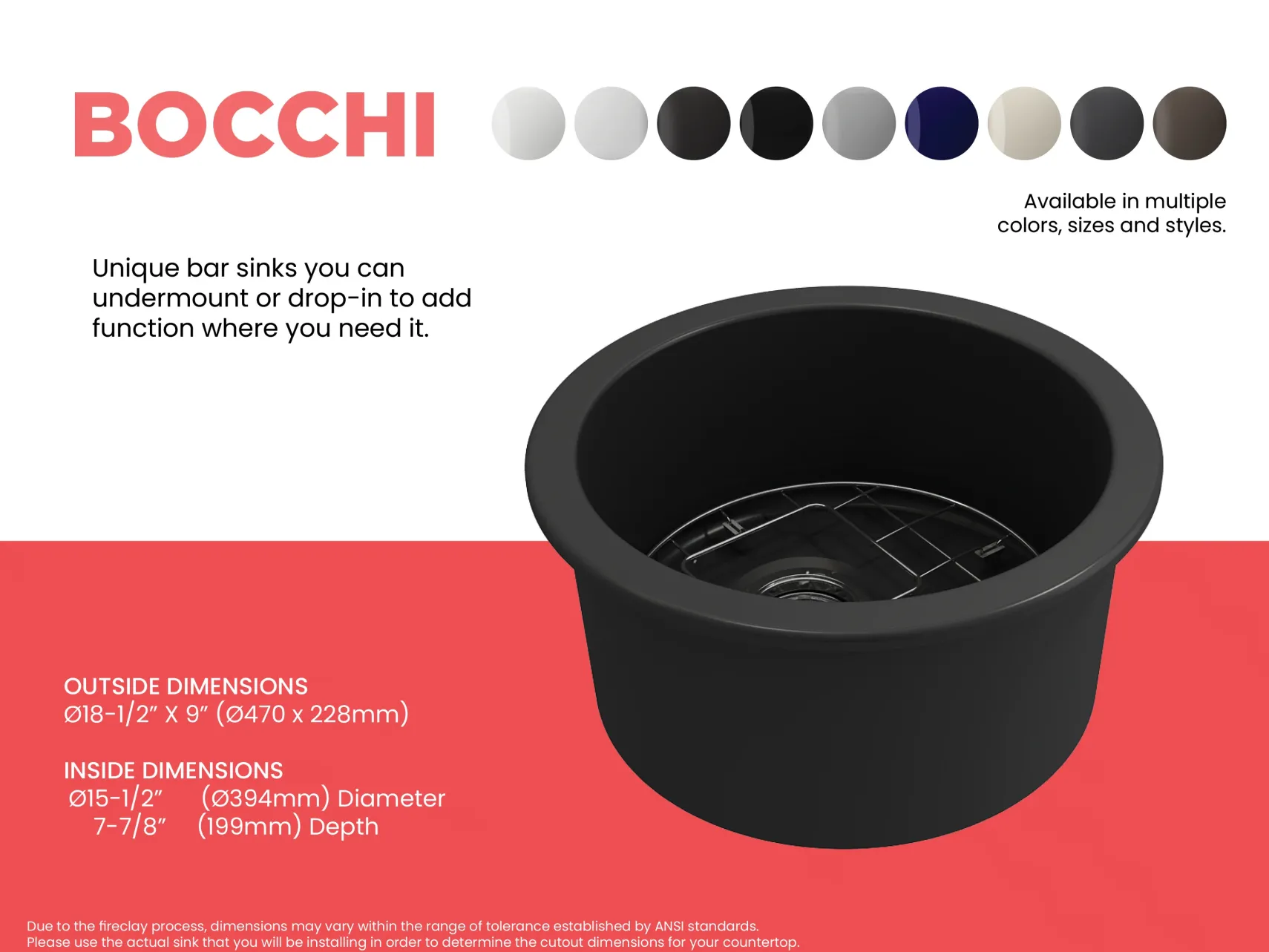BOCCHI Sotto 18.5" Round Fireclay Undermount Single Bowl Bar Sink with Protective Bottom Grid and Strainer, Matte Dark Gray, 1361-020-0120