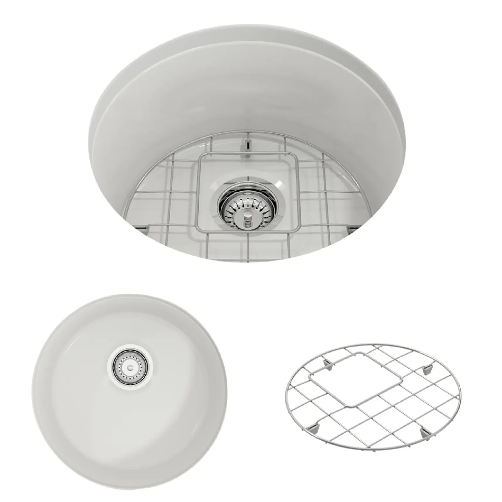 BOCCHI Sotto 18.5" Round Fireclay Undermount Single Bowl Bar Sink with Protective Bottom Grid and Strainer, White, 1361-001-0120