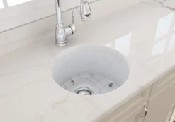 BOCCHI Sotto 18.5" Round Fireclay Undermount Single Bowl Bar Sink with Protective Bottom Grid and Strainer, White, 1361-001-0120