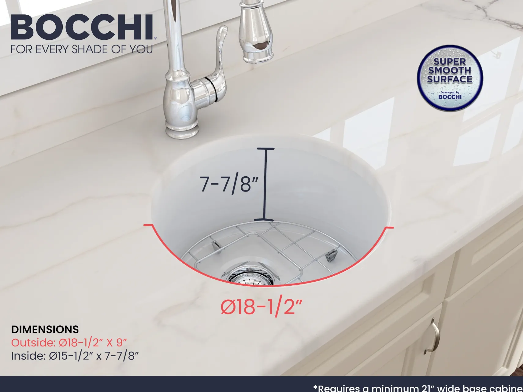 BOCCHI Sotto 18.5" Round Fireclay Undermount Single Bowl Bar Sink with Protective Bottom Grid and Strainer, White, 1361-001-0120