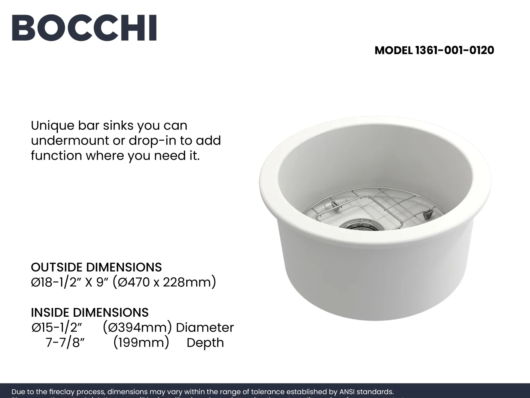 BOCCHI Sotto 18.5" Round Fireclay Undermount Single Bowl Bar Sink with Protective Bottom Grid and Strainer, White, 1361-001-0120