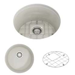 BOCCHI Sotto 18.5" Round Fireclay Undermount Single Bowl Bar Sink with Protective Bottom Grid and Strainer, Biscuit, 1361-014-0120
