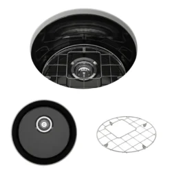 BOCCHI Sotto 18.5" Round Fireclay Undermount Single Bowl Bar Sink with Protective Bottom Grid and Strainer, Black, 1361-005-0120